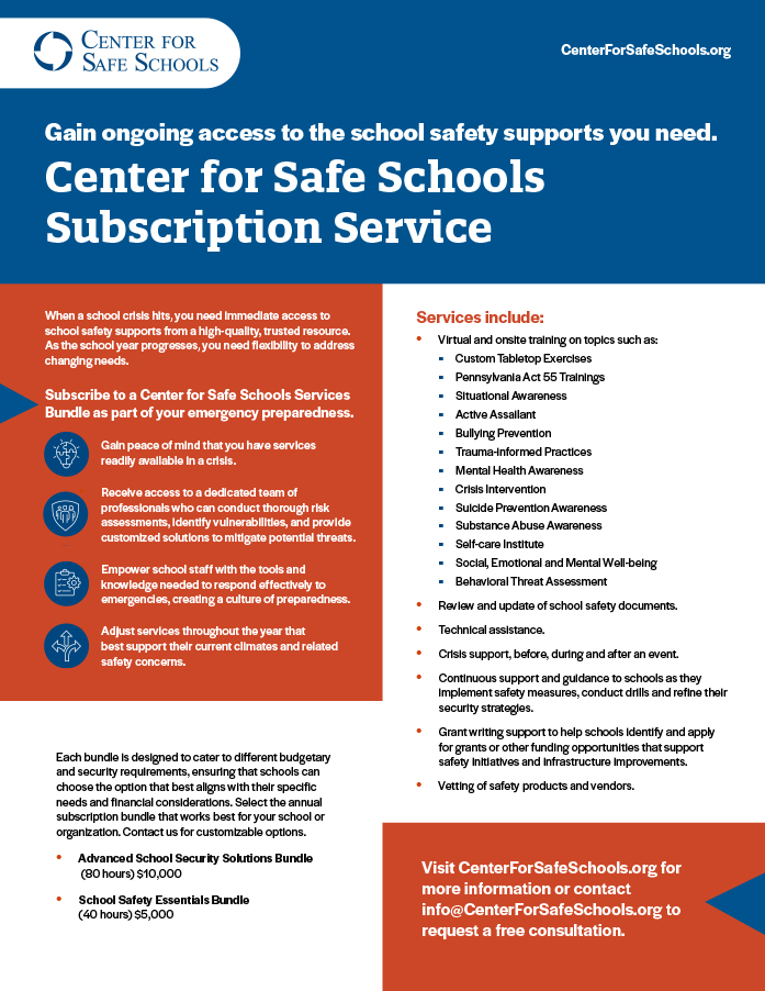 screenshot of Center for Safe Schools Subscription Services flyer