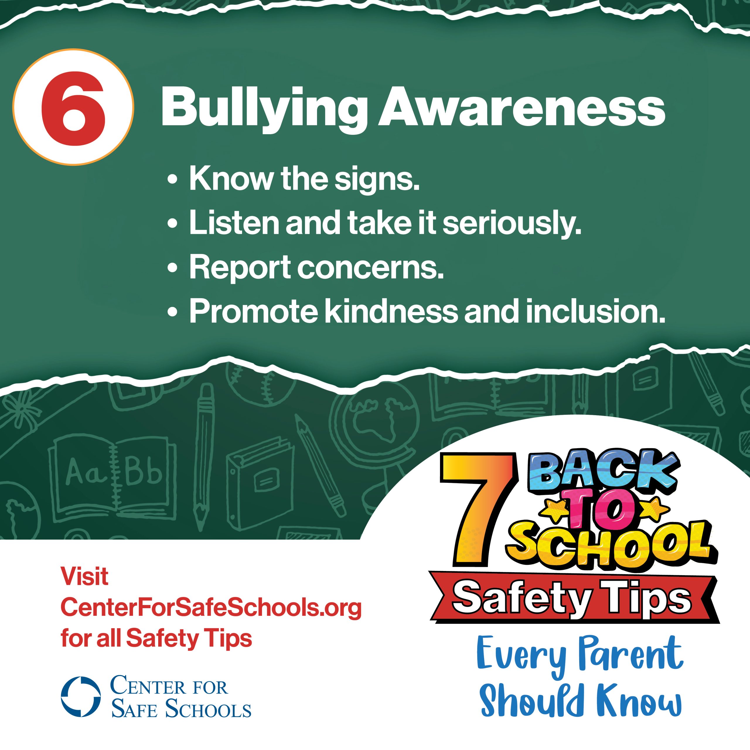 Bullying-7-Back-to-School-Tips-social-art-2026 Bullying Awareness. Know the signs. Listen and take it seriously. Report concerns. Promote kindness and inclusion.